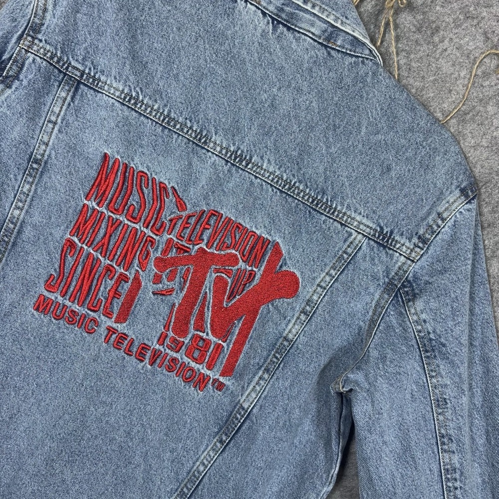 MTV Music Television Denim Jean Jacket Mens Sz M Blue Embroidered Logo Y2K